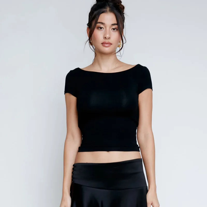 Jessica Chic Short Sleeve Backless Crop Top GX