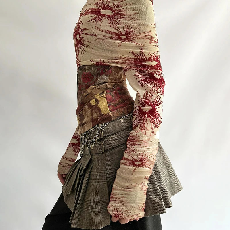 CI Vintage Mesh See Through y2k Aesthetic Floral Print Slash Neck Long Sleeve