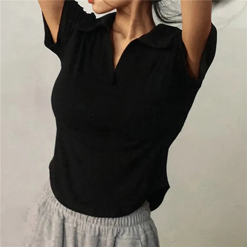 Tea Short Sleeve Lapel Top V-Neck