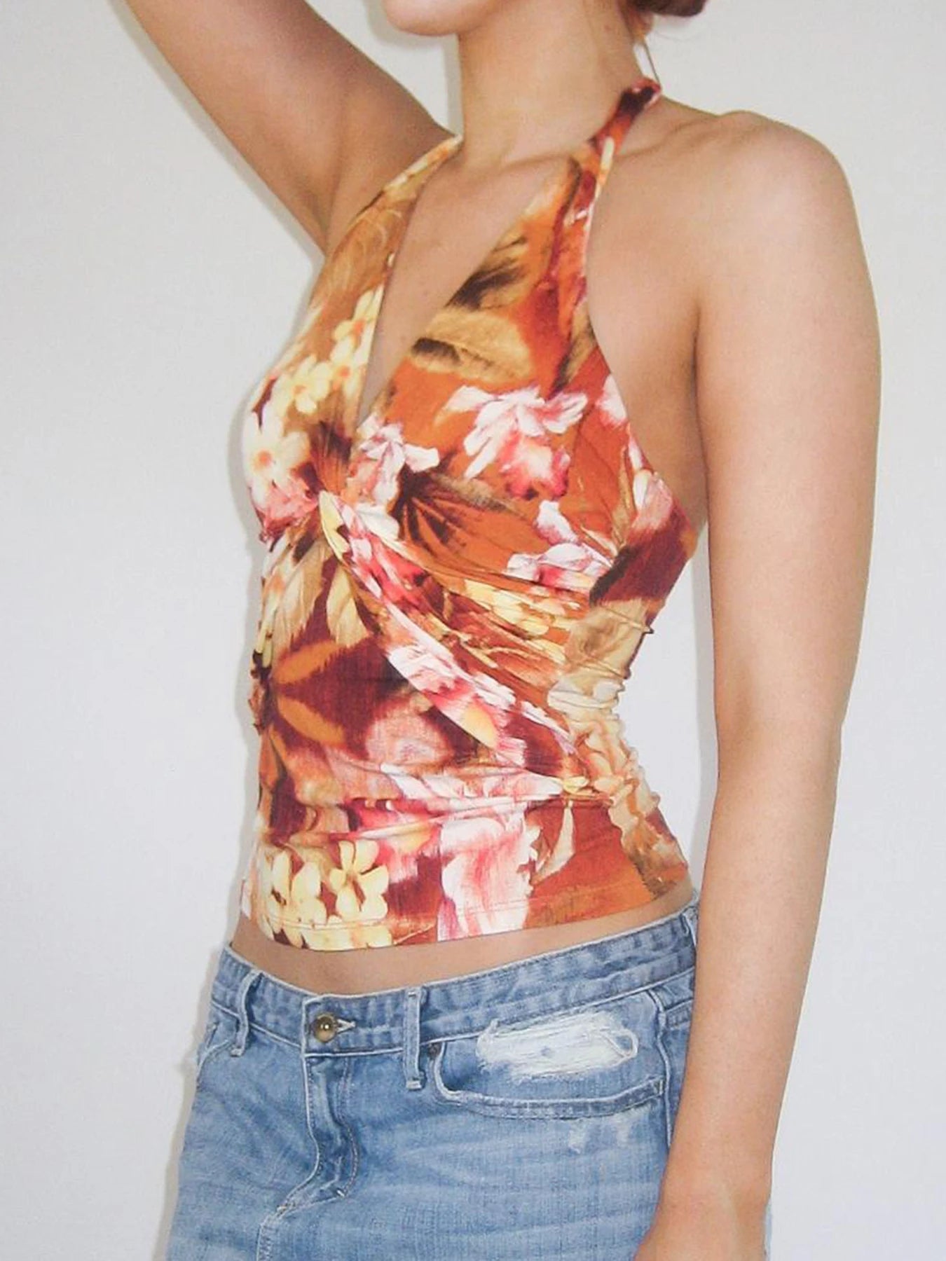 Haya Folds Halter V-Neck Sleeveless Tank Tops