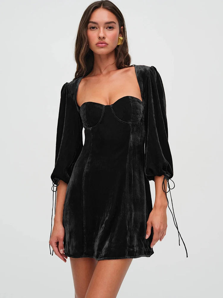 Juli Backless Lace Up Long Sleeve Square Collar Dress