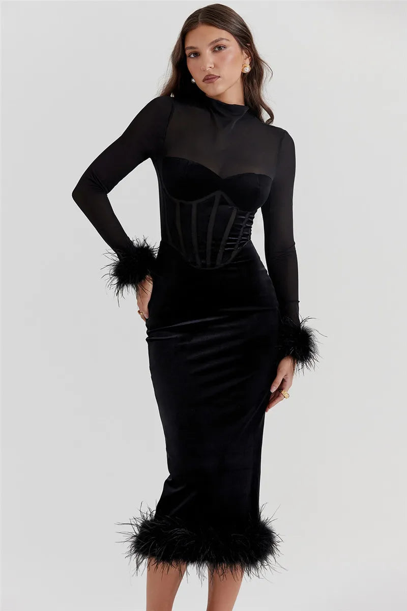 MUA Elegant Feather Sheer Long Sleeve Backless BC Mid Dress