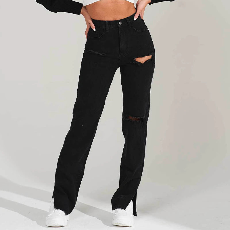 Y2K Hole Jeans Side Slit Straight High Waist Denim