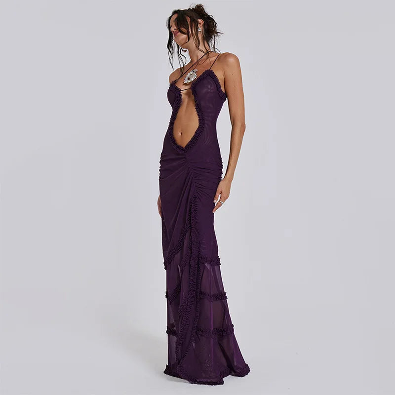 Jade Frilly Halter Backless Split LongY2k Aesthetic Print Maxi Dress