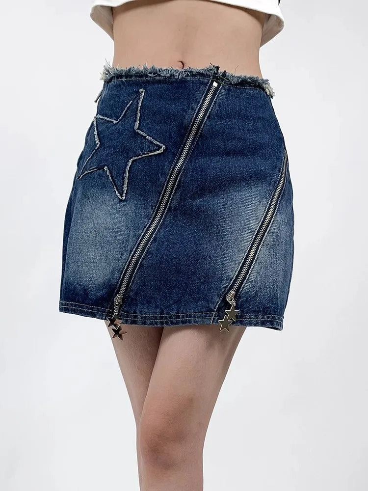 Star Patch Zipper Splice High Waist Y2k Skirt
