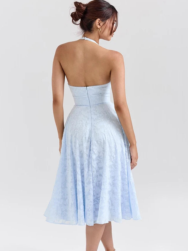 LU Deep V Neck Halter Sleeveless Backless A-line Loose Pleated  Mid Dress