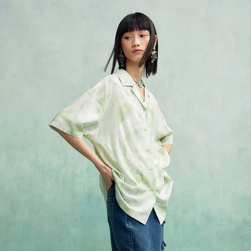 Short Sleeve Shirt Mid-length Loose Cuban Collar Full-print Blouse
