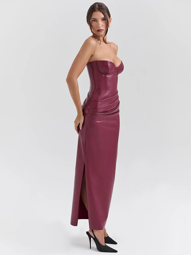 Moz Wine PU Leather Off-shoulder Backless Lace-up Maxi Dress