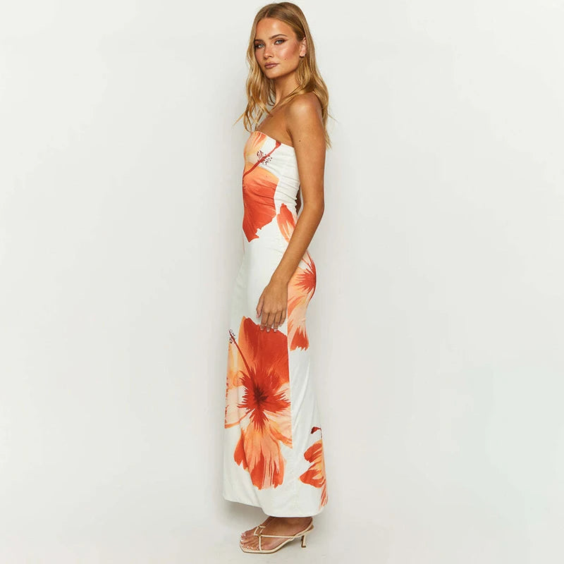 Sue Flower Printed Off Shoulder Long Dress