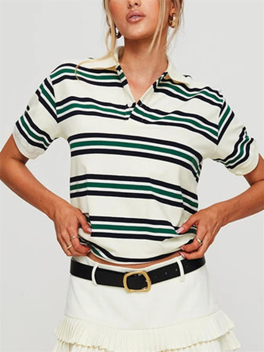 Bia Casual Striped Print Lapel Short Sleeve T-shirt