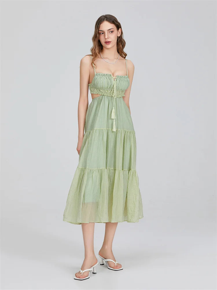 Patty Boho Flowy Spaghetti Strap Cut Out Backless Ruffle A-line Dress