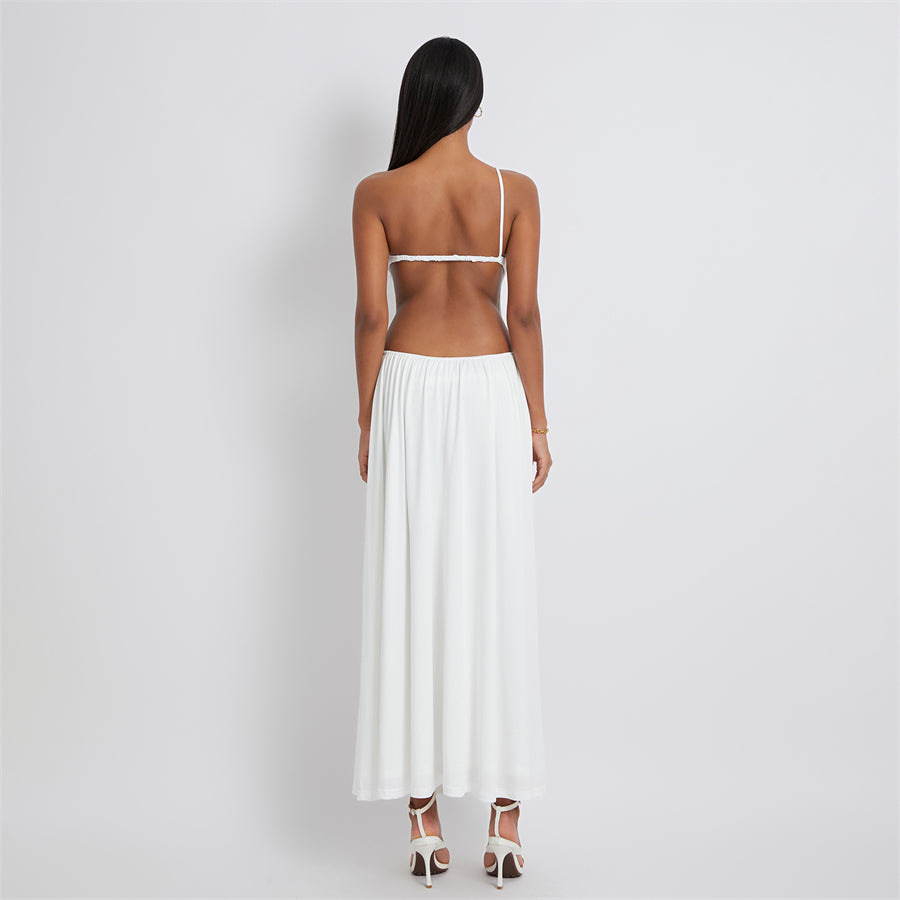 BG White Backless Long Dress One-Shoulder Suspender Flowy Hem