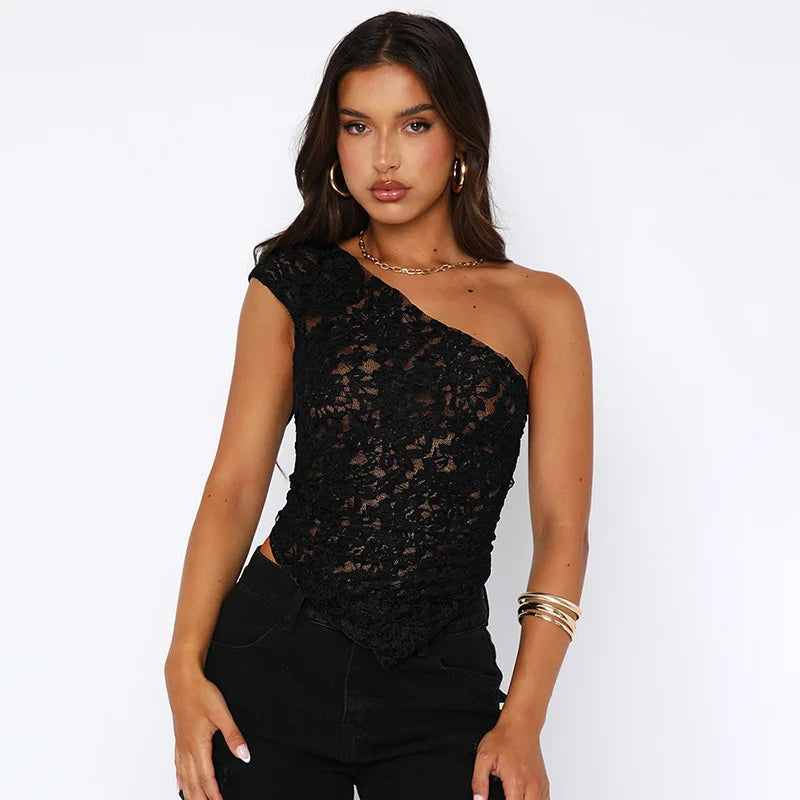 Paige Sheer Lace Mesh Crop Top Asymmetrical Tie-Up Shoulder
