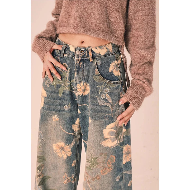 Sunn Vintage Floral Print High Waist Denim