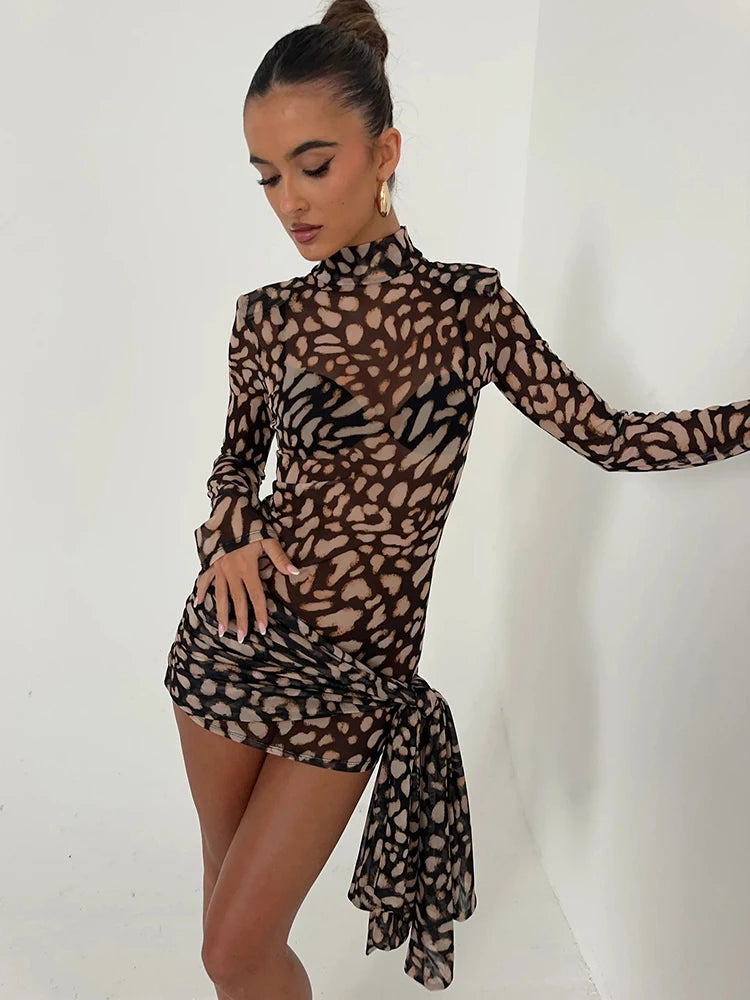Juli MO Turtleneck Leopard Long Sleeve High Waist Dress