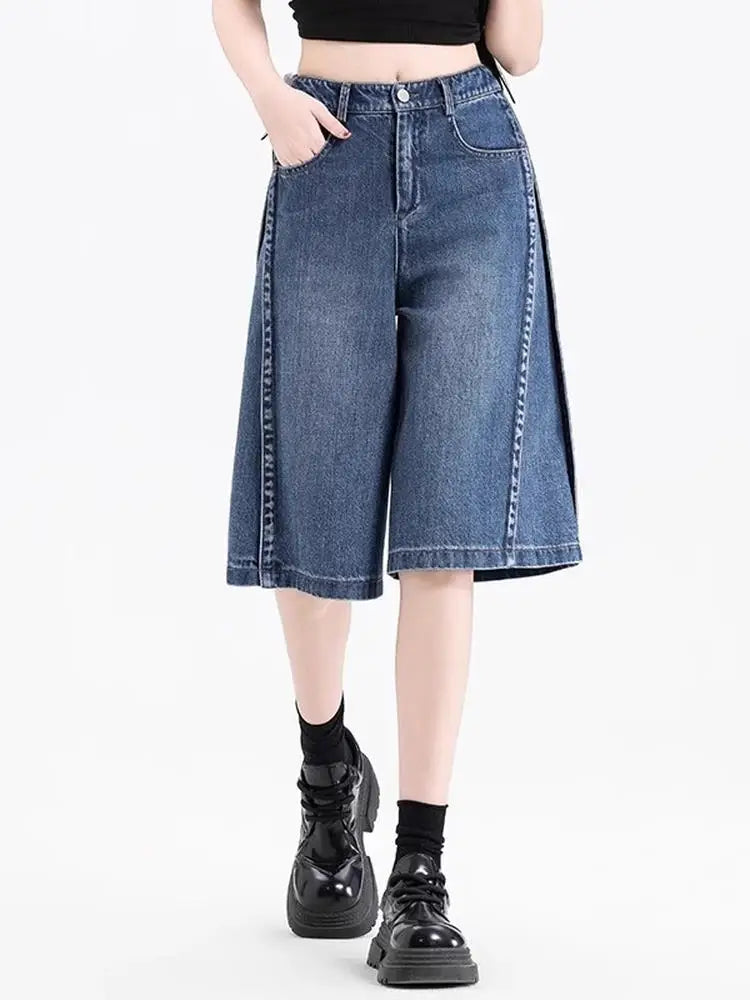 Kimich High Waist Five-Quarter Thin Denim Wide Leg