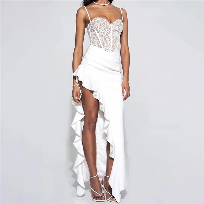 Trina WP Elegant Lace Patchwork Ruffle High Slit Maxi Dress