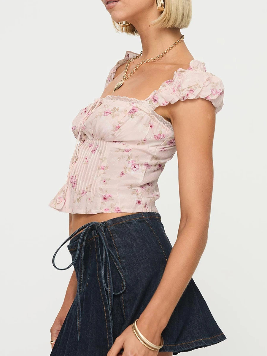 Mimi Vintage Ruffle Cap Puff Sleeve Camis Tops Lace Trim Square Neck Floral