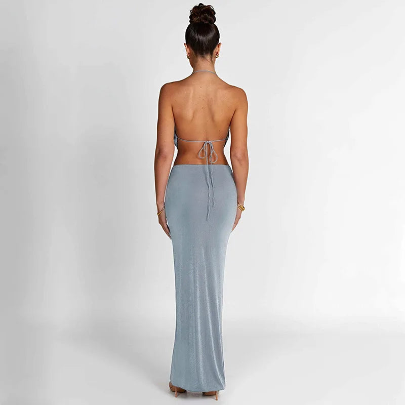 Jewel Set Ruched Crop Top Long Skirt