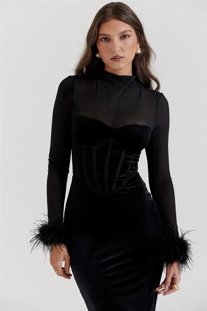 MUA Elegant Feather Sheer Long Sleeve Backless BC Mid Dress