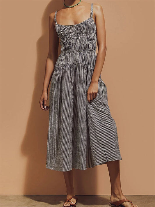 BCG Ruched  Striped Print Spaghetti Strap Sleeveless Backless Tie-Up A-line Dress with Pockets