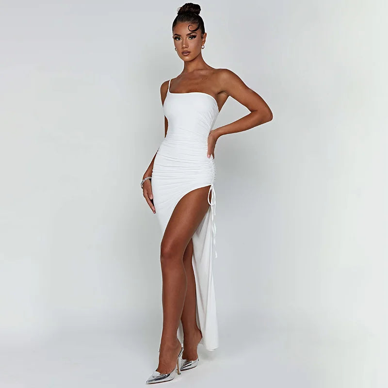 Rachel One Shoulder Strap Thigh High Split Maxi Long Dress