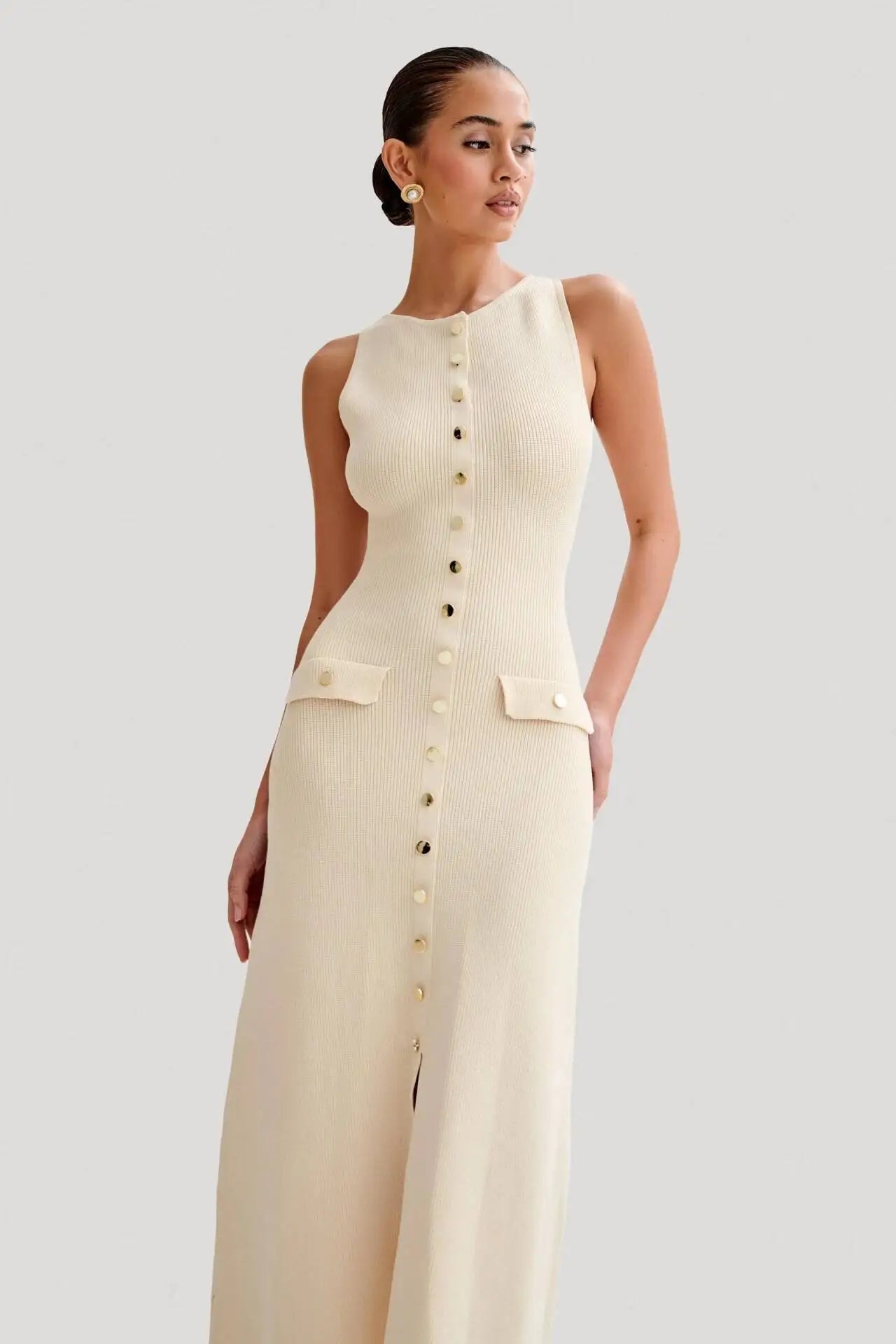 Knitted Breasted Long Dress Sleeveless O Neck Button