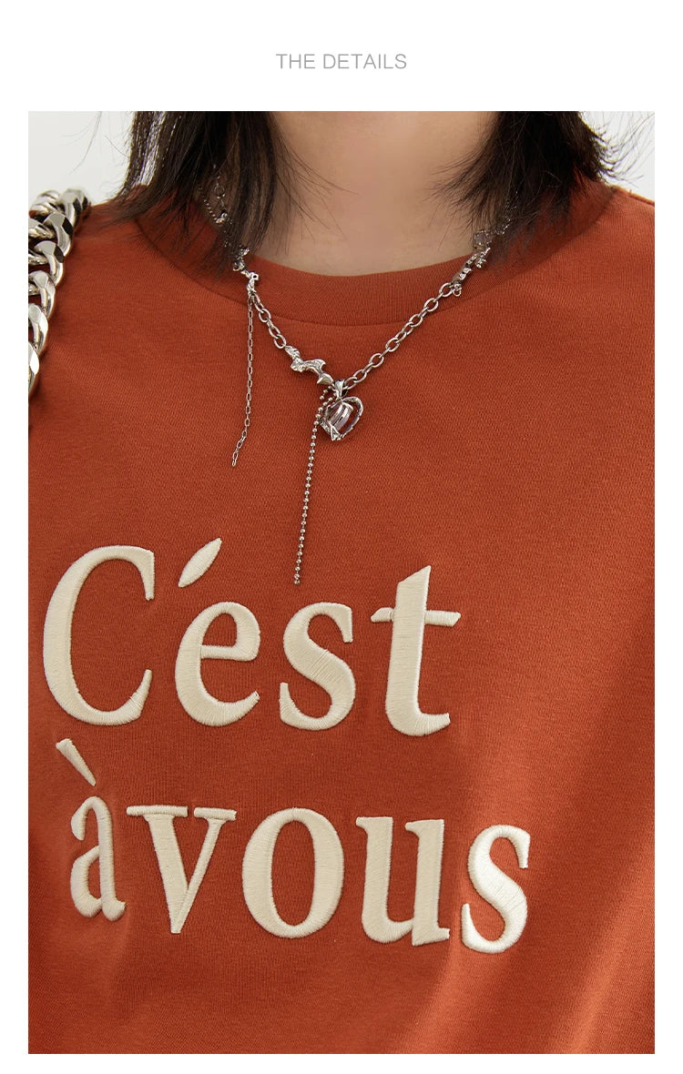 T-Shirt Loose Round Neck Contrast Letter Embroidered Tees