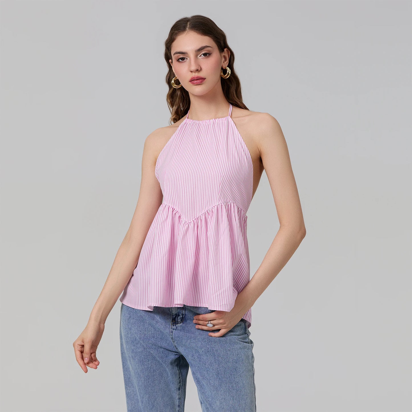 BC Halter Neck Striped Peplum Vest Tops