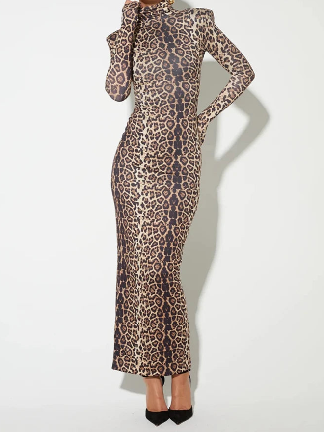 Mozi Leopard Print Long Sleeve Elegant Turtleneck Long Dress