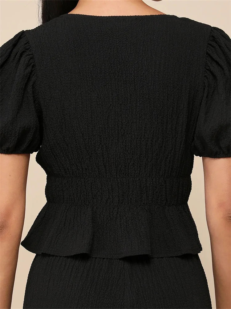 BC Ruffles Deep V Neck Short Puff Sleeve Front Split Lace-Up Top