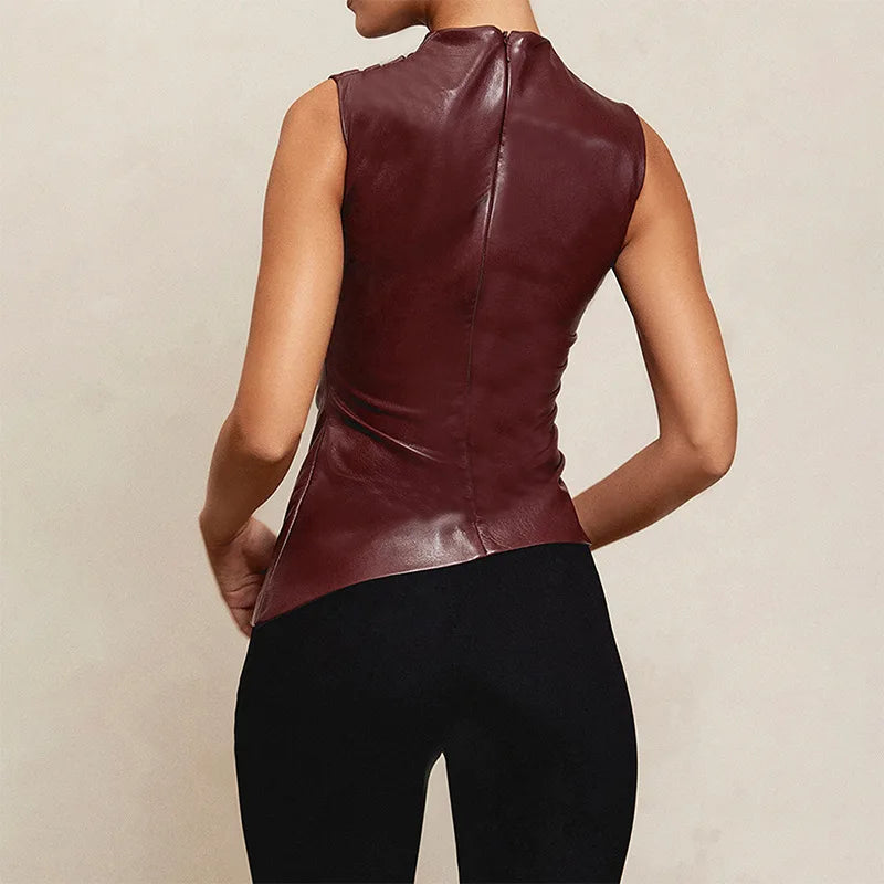 BC Yamil PU Leather Asymmetrical Ruched Sleeveless Blouse