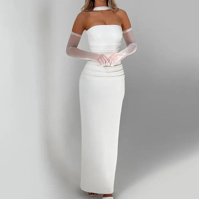 MUA Strapless Backless Maxi Dress Burgundy Mesh Sleeve Off-shoulder Long Dress
