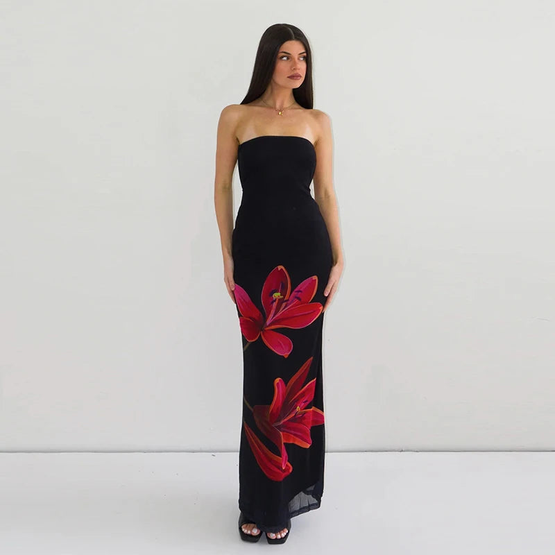 HC Mesh Flower Print Strapless Backless Lace Up Maxi Dress