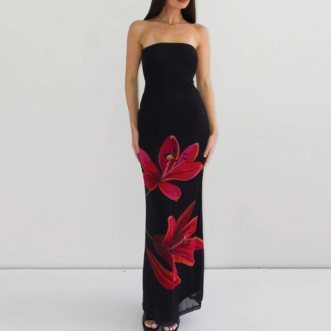 HC Mesh Flower Print Strapless Backless Lace Up Maxi Dress