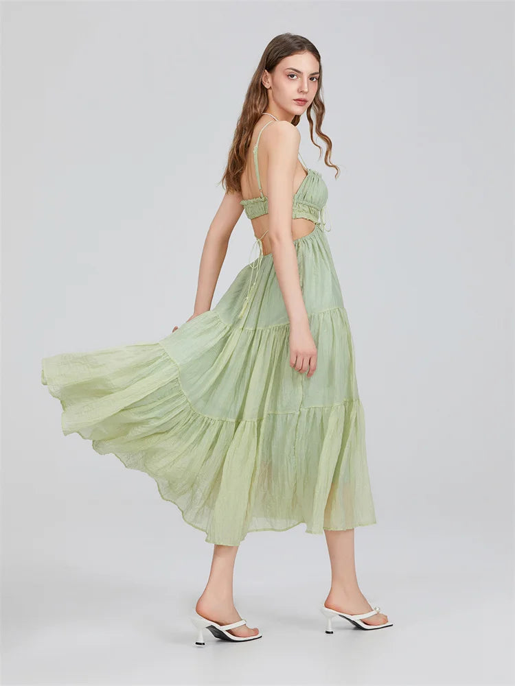 Patty Boho Flowy Spaghetti Strap Cut Out Backless Ruffle A-line Dress