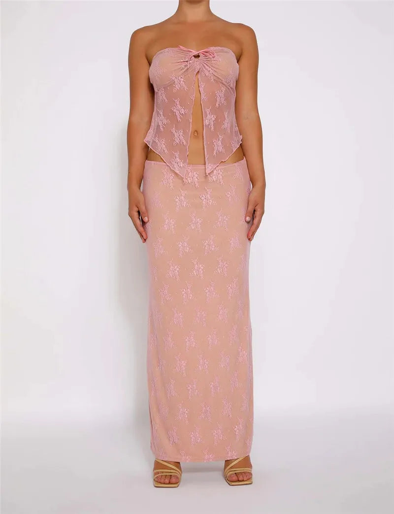 Pink Lace Rose Print Dress Set Lace-up Strapless Skirt