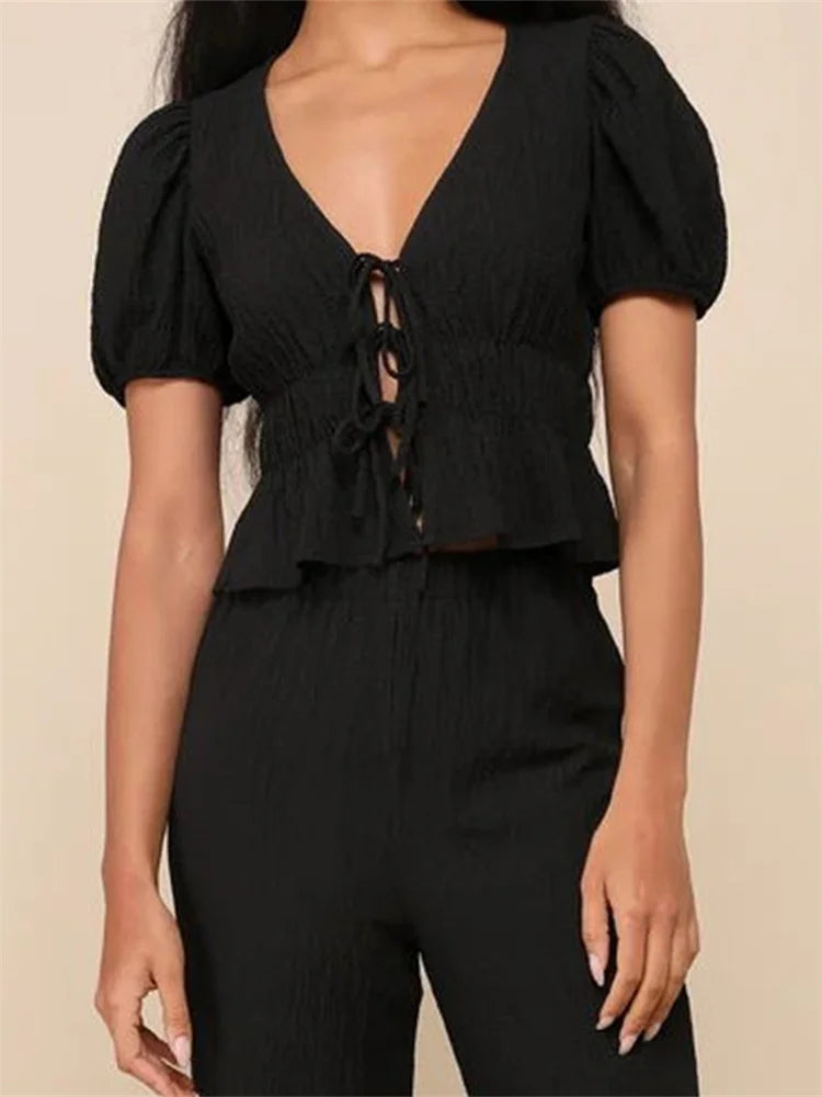BC Ruffles Deep V Neck Short Puff Sleeve Front Split Lace-Up Top