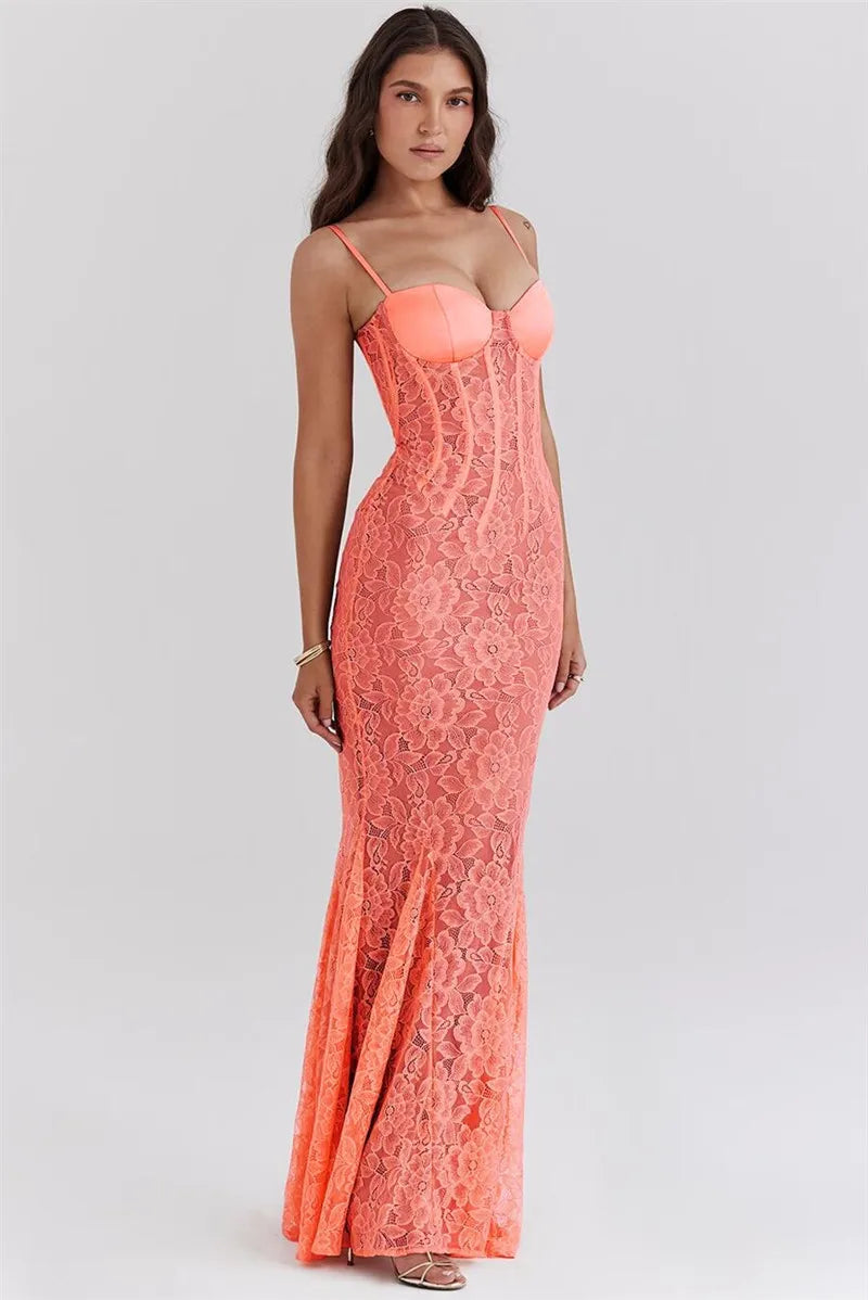 BC Floral Lace Strap Sleeveless Backless Long Dress