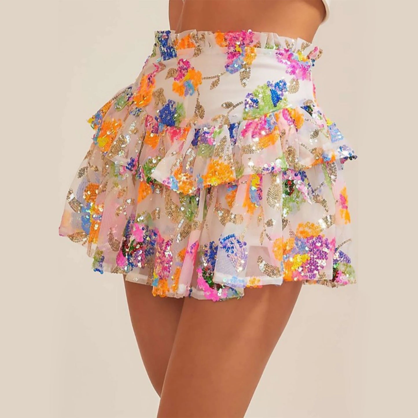 Flora Y2K Glitter Shiny Sequins Ruffles Zipper High Waist Skirt