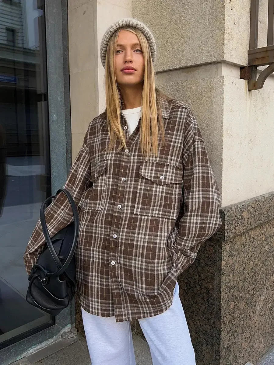 BCG Y2K Vintage Loose Plaid Lapel Long Sleeve