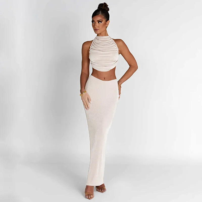 Jewel Set Ruched Crop Top Long Skirt