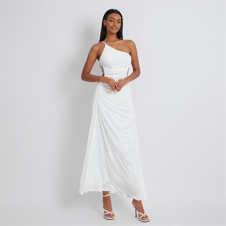 BG White Backless Long Dress One-Shoulder Suspender Flowy Hem