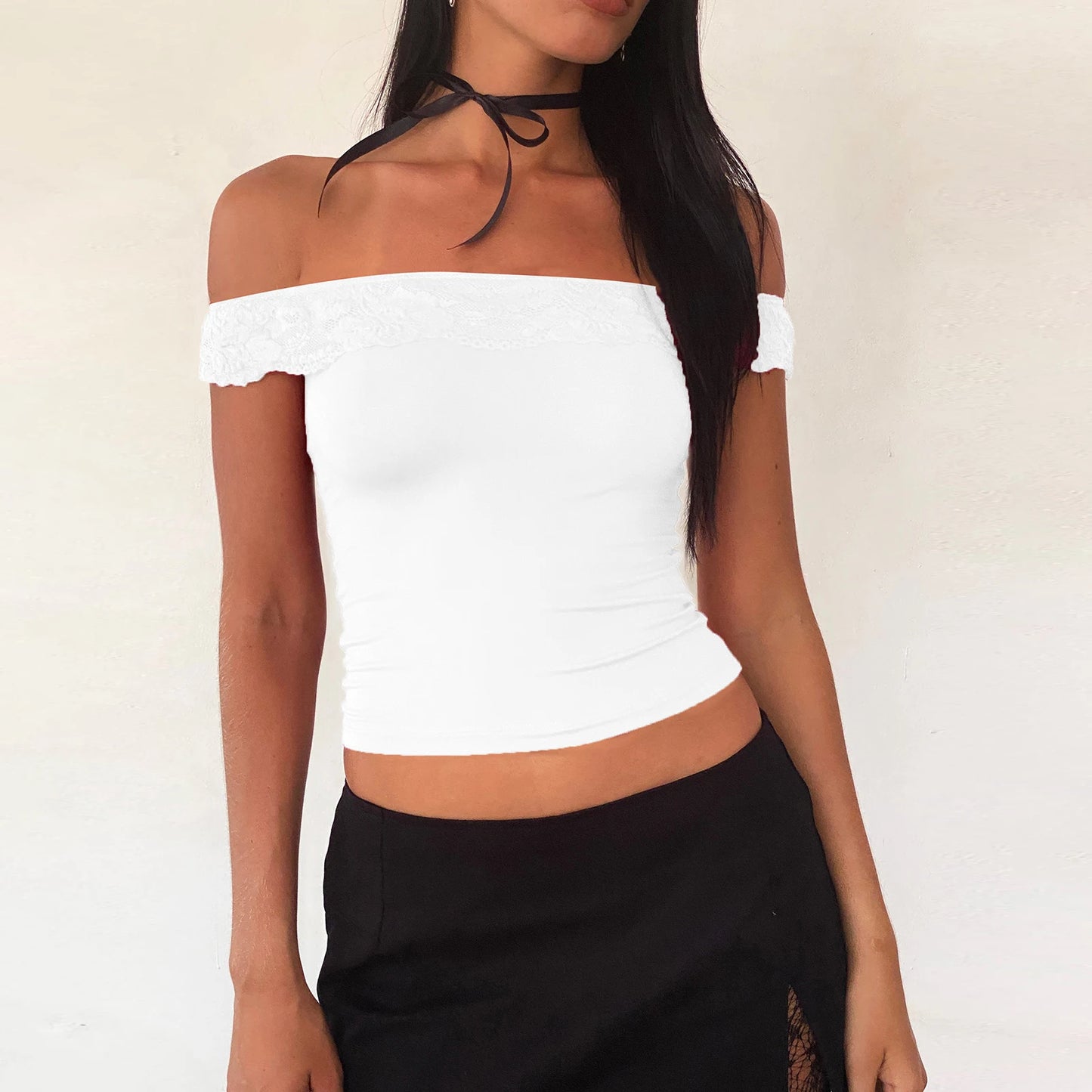 Vintage Cropped Lace Trim Boat Neck Off Shoulder