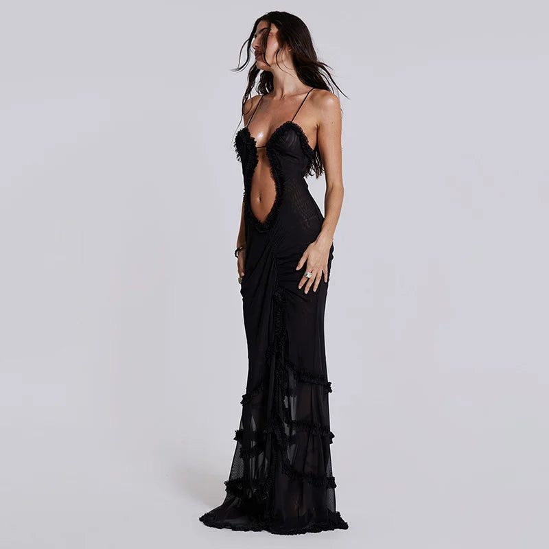 Jade Frilly Halter Backless Split LongY2k Aesthetic Print Maxi Dress