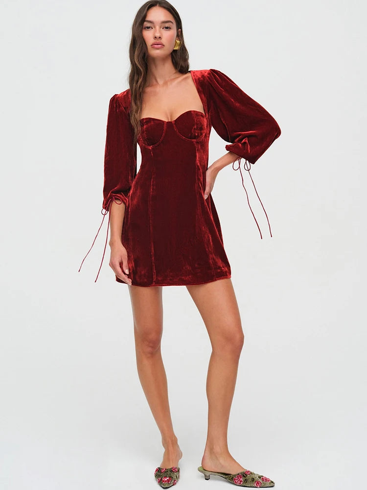 Juli Backless Lace Up Long Sleeve Square Collar Dress