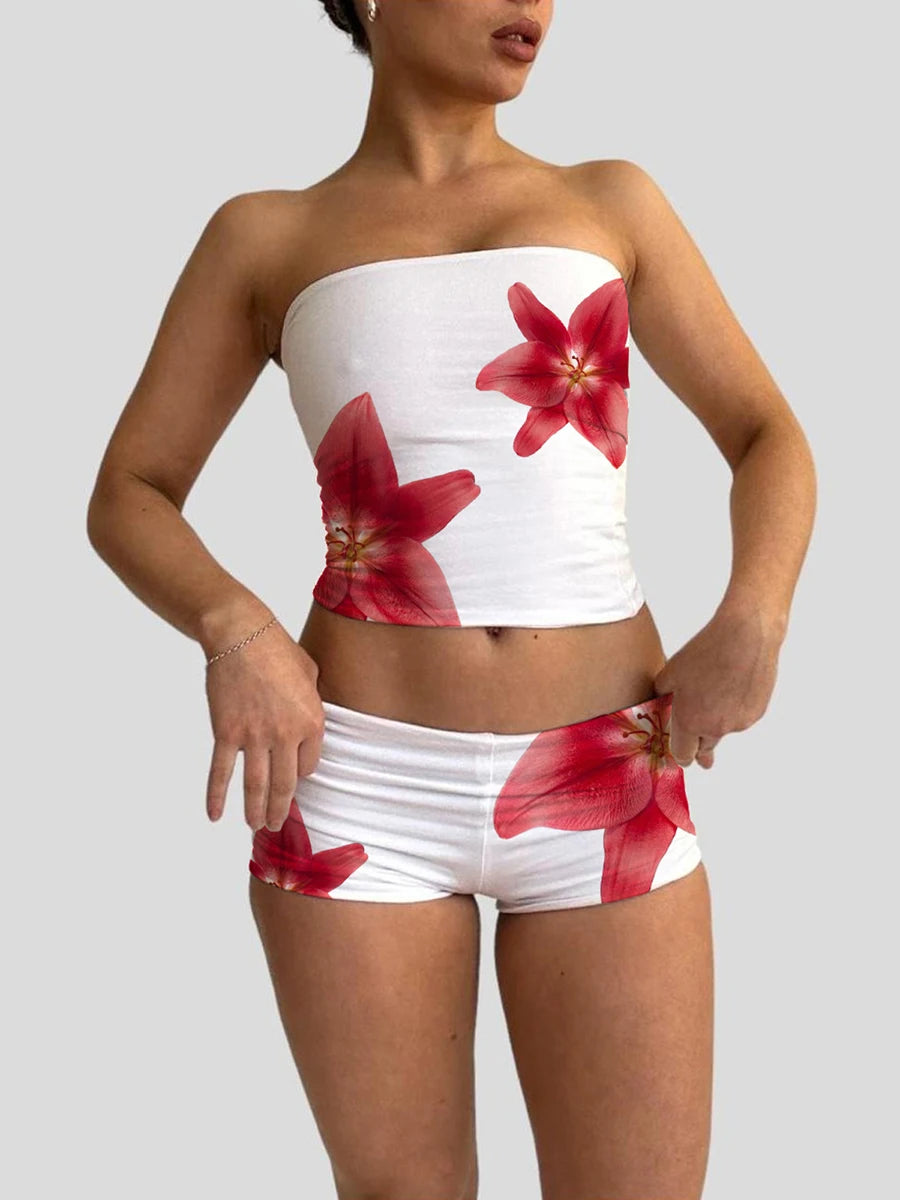 Sets Short Suits Y2k Grunge Flower Print Strapless Tube Tops Elastic Waist