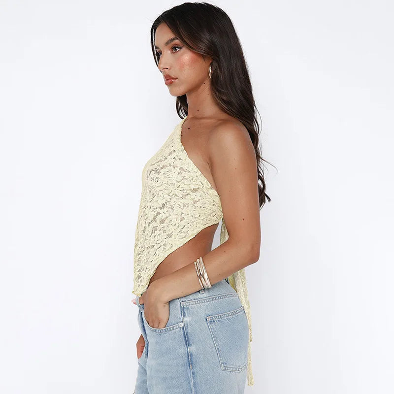 Paige Sheer Lace Mesh Crop Top Asymmetrical Tie-Up Shoulder