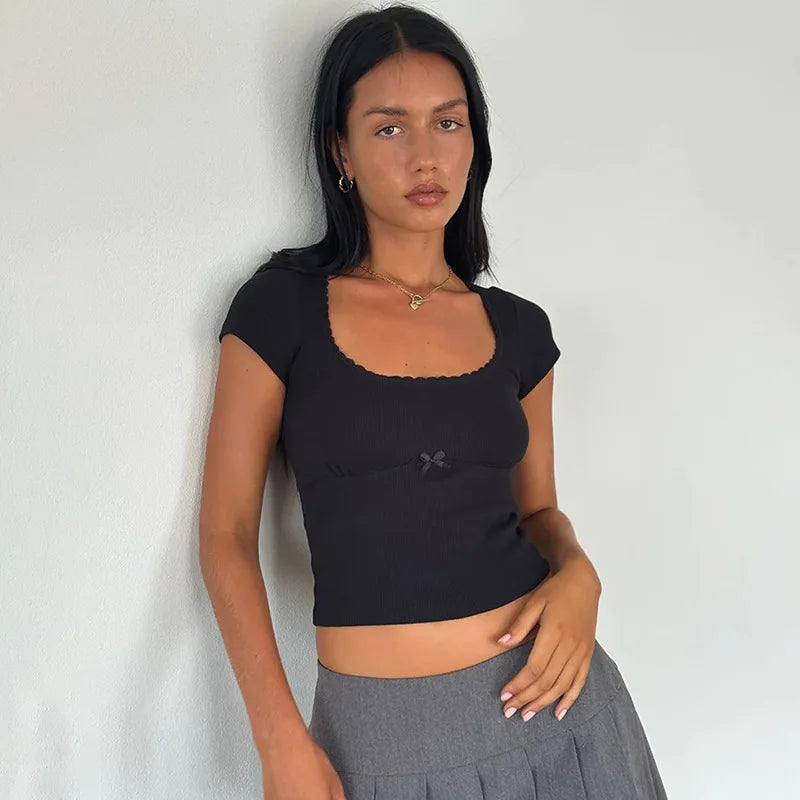 Brittany Bow Lace Trim Short Sleeve Crop Top