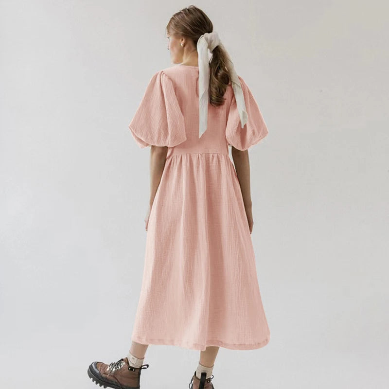 Vintage 100% Cotton Puff Sleeve V-Neck Bandage Lace Maxi Dress
